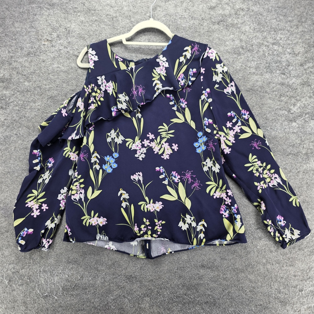 Karen Millen Blouse Womens 12 Blue Floral Cold Shoulder Ruffle Long Sleeve